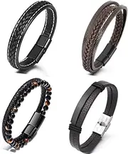 [LYLYMIMI] 4Pcs Stainless Steel Braided Leather Bracelet for Men Women Leather Wrist Band Cuff Bangle Bracelet Magnetic Clasp 7.5-8.5 inches