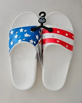 Classic Crocs Sandals M7/W9 American Flag Slip On Slide White Rubber