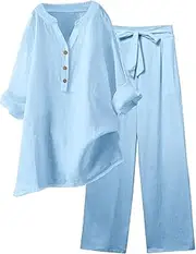[RGDYPKO] Linen Set For Women 2 Piece Summer Outfits Plus Size Long Sleeve Graphic Button Tees Capri Pants Lounge Matching Sets