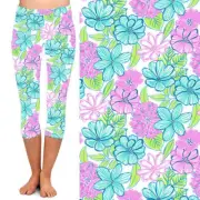 Blue Green Purple Floral Flower Women's CAPRI Leggings TC2 Extra Plus Size 18-24