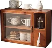 Vintage Wooden Countertop Display Cabinet with Glass Doors Teacup Holder Coffee & Wine Bar Storage Kitchen Pantry Cabinet with Drawer Box Rustic Home Decor (Brown)