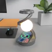 GGP Black 360Â° Rotating Floating Night Light Wireless Charging Table Lamp - 7 Color Rgb Atmosphere Light - Usb Rechargeable For Bedroom, Bedside, Desk, Camping, And Party Decor