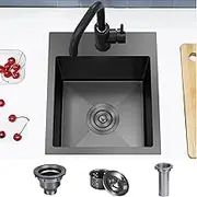 IKEBANA JB029B-1 13 x 15 Inch Black Bar Sink Drop in, 16 Gauge Stainless Steel Wet Bar Sink Topmount Single Bowl Small Kitchen Sink, Outdoor RV Prep Sink With Dish Grid& Drain