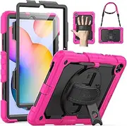 [SEYMAC] Case for Samsung Galaxy Tab S6 Lite 10.4'' 2024/2022/2020 (SM-P620/P610/P615), Heavy Duty Full-Body Shockproof Protective Case with Screen Protector, Rotating Stand, Hand/Shoulder Strap, Pink