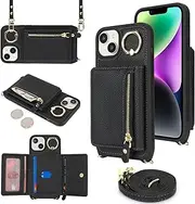 Cavor Crossbody Wallet for iPhone 13 Leather Case for iPhone 14 Case 6.1'' Flip Cover Card Slots with 360°Rotation Ring Holder Kickstand & Long Shoulder Lanyard Strap-Black