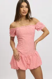 Red Check Bubble Dress Off The Shoulder - Size 16XL, Women's Skater Dress