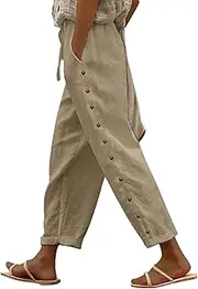 [FUNRKLI] Women's Mid Waist Side Buttons Wide Leg Pants Fashion Versatile Casual Pants Loose Nine Points Trousers Grey Apricot S