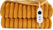 Dreamaker Chunky Embossed Plush Fleece Electric Heated Throw Blanket 200x180cm Warm Flannel Reversible Rug Energy Efficient Overheat Protection 9 Heat Settings Extra Long Cord Controller- Mustard Gold
