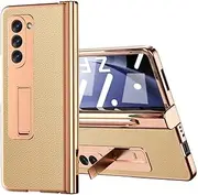 Jarttarn Leather Plating Hinge Case Compatible with Samsung Galaxy Z Fold 5 2023 Case with Pen Electroplate Hard Cover Kickstand Front Screen Film (Gold)