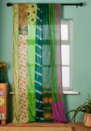 4Pc Indian Sari Patchwork Curtain Drape Window Decor Green Silk Sari Curtain