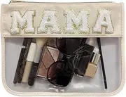 Cqoogrlx Clear Makeup Letter Bag, Chenille Patch Cosmetic Toiletry Pouch, Stadium Preppy Bags for Women Girls, Beige-Mama