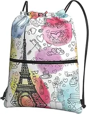 French Paris Tour Eiffel Tower Print Drawstring Backpack Gym Bags Sports Bags With Zipper Pocket For Travel Swimming Beach, Black, One Size