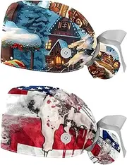 [YTYVAGT] 2-Pc,Nurse Scrub Caps,Scrub Hats with Buttons and Cotton Sweatband,Santa Claus Snowman Reindeer
