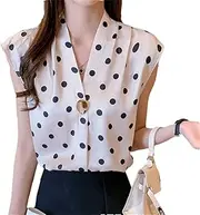 [Generic] Women Summer V Neck French Style Polka Dot Tops Sleeveless Chiffon Shirt
