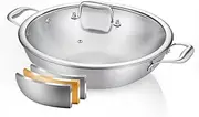 DELARLO Tri-Ply Stainless Steel Wok Pan with Lid 12Inch Large Deep Frying pan Induction Saute Pan Efficent Fast Even Heating Cooking Pan Dishwasher and Oven Safe Chef's Pan, Silver