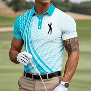 Men's Geometic Golf Polo Short Sleeve Polo Shirts Collared Shirts Sportswear Athleisure Buttons Summer Blue Sky Blue Green