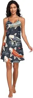 [RPLIFE] Many Koi Fishes Women's Satin Slip Dress, Adjustable Spaghetti Strap V Neck Women Satin Nightgown