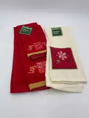 3 Holiday Time Christmas Towels Kitchen Hand Fingertip Red Cream Holiday