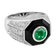 Art Deco Style Lab-Created Diamond Emerald Onyx Ring 14K White Gold Finish