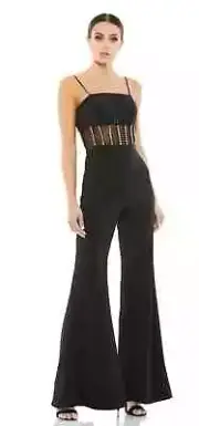 Ieena Mac Duggal Black Mesh Corset Rhinestone Wide Leg Jumpsuit Size 4 $398