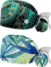[YTYVAGT] 2-Pc,Nurse Scrub Caps,Scrub Hats with Buttons and Cotton Sweatband,Turquoise Vintage Mechanical Clock