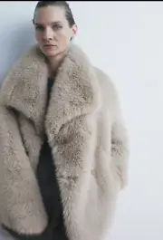 ZARA NEW WOMAN FW24 BNWT FAUX FUR JACKET ZW COLLECTION TAUPE GREY M 4369/248