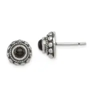 Sterling Silver Polished & Antiqued Textured Onyx Round Post Earrings