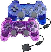 Hovlian 2 Pack PS2 Wired Controller,Double Shock Gamepad Compatible with Playstation 2 Console(Clear Blue and Clear Purple)