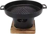 Portable Hibachi Japanese Cast Iron Mini Charcoal Grill With Wooden Base, Smokeless Yakiniku Tabletop for Outdoor Camping, Supports Charcoal, Briquettes