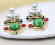 Gorgeous Vintage Inspired White Pearl Green Bead Stones Earrings Bridal Dangle