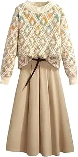 [Generic] Spring Winter Women's Set Women's Multicolor Plaid Long Sleeved Sweater Tops All Match Half Skirt Two Piece Set