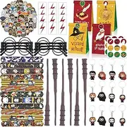 110Pcs Party Favor for Kids, Party Bag Fillers, Assorted Theme Pinata Small Toys, Lucky Dip Carnival Prize Favours with Gift Bag Slap Band Sticker Keychain for Holiday Birthday Christmas (Wizard)