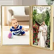 Double Picture Frame 7 x 5Inch Metal Hinged 2 Photos Frame Desk Picture Frame with Glass Folding Photo Frames Vertical with Front Tabletop Vertical Frame for Wedding Family Pictures Collage (Gold)