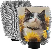 XYMZR Absorbent Microfiber Car Wash Mitt American Curl Cat Cute, Funny Cute Anime Scratch Free for Cars Cleaning, Home Cleaning Mitts, 2 Pack, 10.24” L x 7.09” W