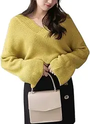 [YOMORIO] Women's V Neck Sweater Sexy Off Shoulder Knit Long Sleeve Top Pullover Jumper