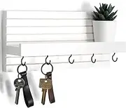 Lwenki Decorative Key Holder for Wall with Shelf, Entryway Shelf with Hooks Holds Leashes, Jackets and Glasses – Sturdy Wood Keyholder Entrance Hanger with Mounting Hardware (White)