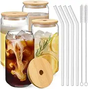 NETANY Drinking Glasses with Bamboo Lids and Glass Straw 4pcs Set - 16oz Can Shaped Glass Cups, Beer Glasses, Iced Coffee Glasses, Cute Tea Cup, Ideal for Cocktail, Whiskey, Gift - 2 Cleaning Brushes