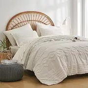 KAKIJUMN White Tufted Comforter Set King Size 7 Piece Bed in a Bag, Shabby Chic Boho Comforter and Sheet Set, Pom Pom Textured Bed Set, All Season Soft Microfiber Complete Bedding Set(White,King)