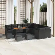 vidaXL 14 Piece Garden Sofa Set with Cushions Black Poly Rattan Acacia