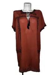 New J GLEE Dress Women's Size XL Brown w/Embroidered Trim Short Sleeve Tunic