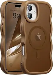 UEEBAI Magnetic for iPhone 16 Plus Case, Cute Cover Compatible with MagSafe, 2025 Transparent Transparent Clear Wave Design Wavy Frame Matte Phone Case, Gold