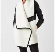 Spanx Fleece and Faux Leather Long Wrap Jacket In Very Black Snow Size S NEW