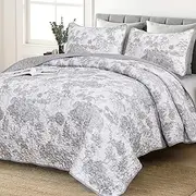WONGS BEDDING Grey Quilt Set Twin Size, 2 Pieces Botanical Bedspreads Set Lightweight Microfiber Grey Toile Plants Pattern Coverlet Home Decor for All Seasons(86"×68")