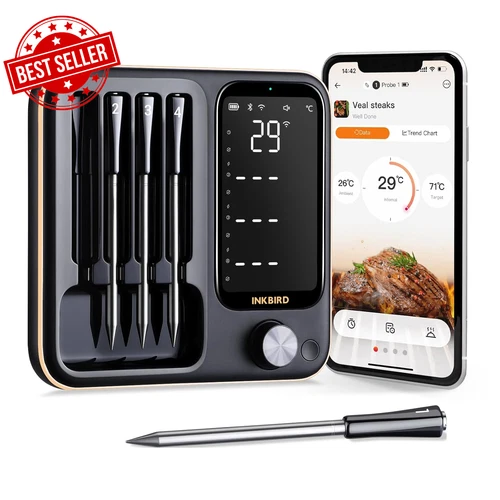Wireless BBQ Thermometer with 4 Probes, WiFi Bluetooth Meat Thermometer, IP67