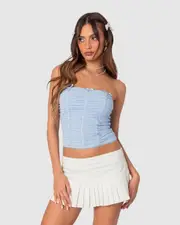 EDIKTED Womens Veronika Ruched Mesh Top LIGHT-BLUE