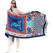 ANYYOU 100% Merino Wool Blue Chevron Neck Wrap Silk Satin Large Winter Scarf Pashmina Shawl Bandana Perfect For Women Ladies Fashion Style