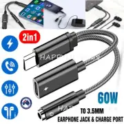 2 in 1 Audio Charger Splitter Type C Aux Headphone Jack USB C to 3.5mm Adapter