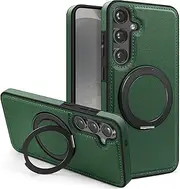 [Newhalper] for Samsung Galaxy S24 Plus/S24+ Case Leather Magnetic [Compatible with MagSafe][360°Rotatable Ring Stand & Kickstand] Phone Cover for Samsung S24 Plus/S24+ (Green)