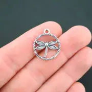 BULK 50 Dragonfly Charms Antique Silver Tone 2 Sided Circle - SC2609