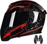Full Face Motorcycle Helmet, DOT/ECE Approved Lightweight Motorcycle Helmet with Double Visor and Motorcycle Gloves for Men and Women